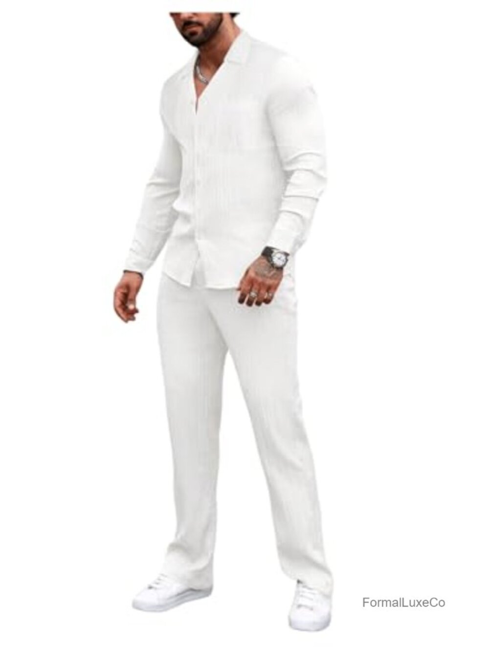 Men's 2 Piece Linen Suit Casual Long Sleeve Shirt & Pants Set Business Suit
